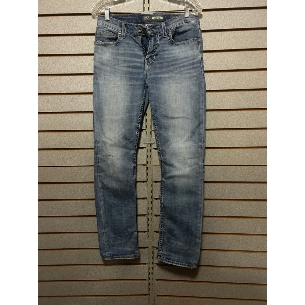 BKE Alec Straight Leg Jeans Mens 31S Light Wash Blue Faded Distressed Denim